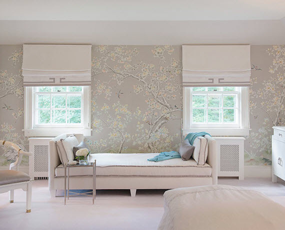 chinoiserie wallpaper in gray and yellow - bedroom - laura tutun interiors