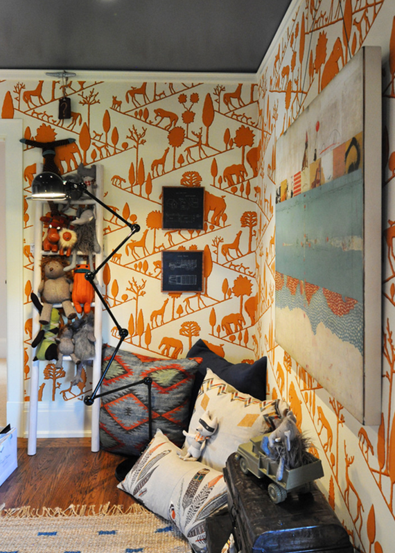 vintage 1970s amimal wallpaper in orange - boys bedroom - Regan Baker Design