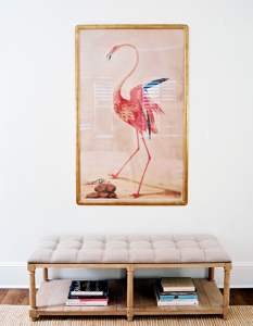 flamingo art and tufted bench