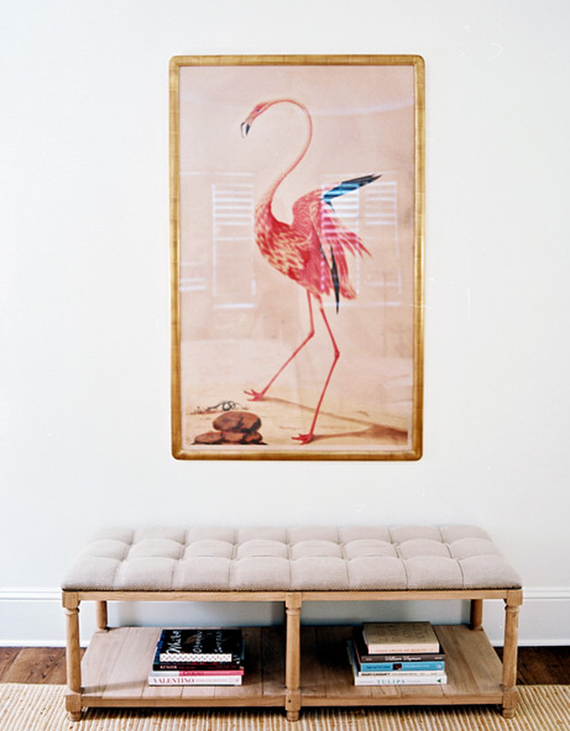 flamingo art and tufted bench