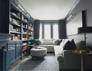 lacquered blue bookcase - library - meredith heron design