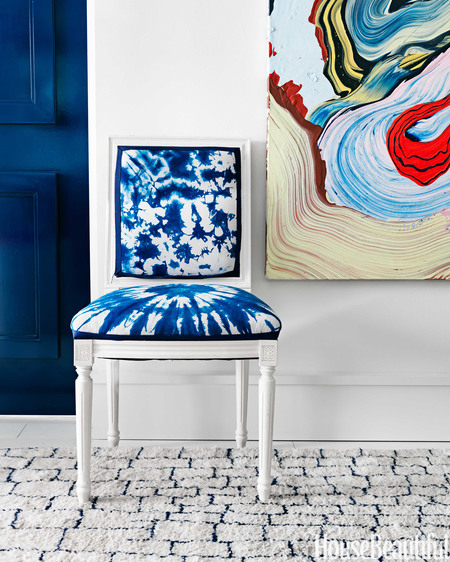 blue chair with  henrique oliveira painting #art #blue #interiordesign