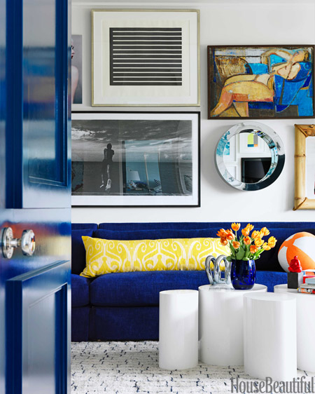 bright blue linen sofa // Robert Passal Interiors