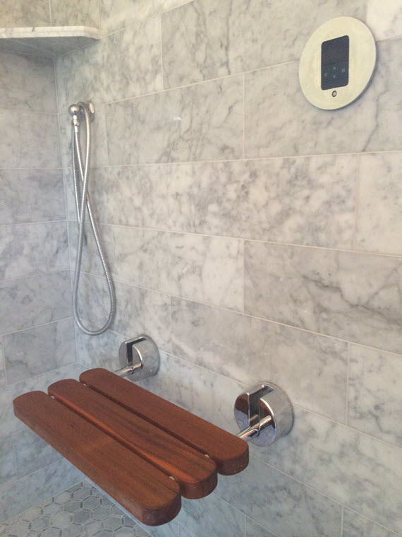 carrara marble tile shower // Mr. Steam // Simplified Bee