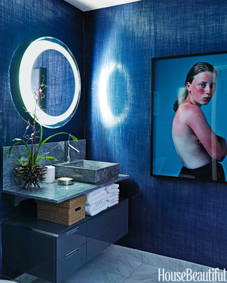 bathroom with Elitis Paradisio Cristal fabric walls // Robert Passal
