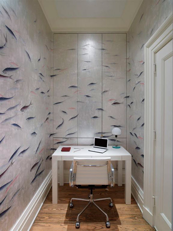 workspace // silver fish wallpaper // de gournay // simplified bee