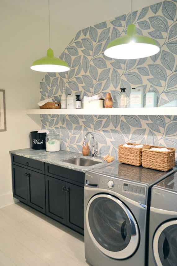 laundry room with blue and white wallpaper
