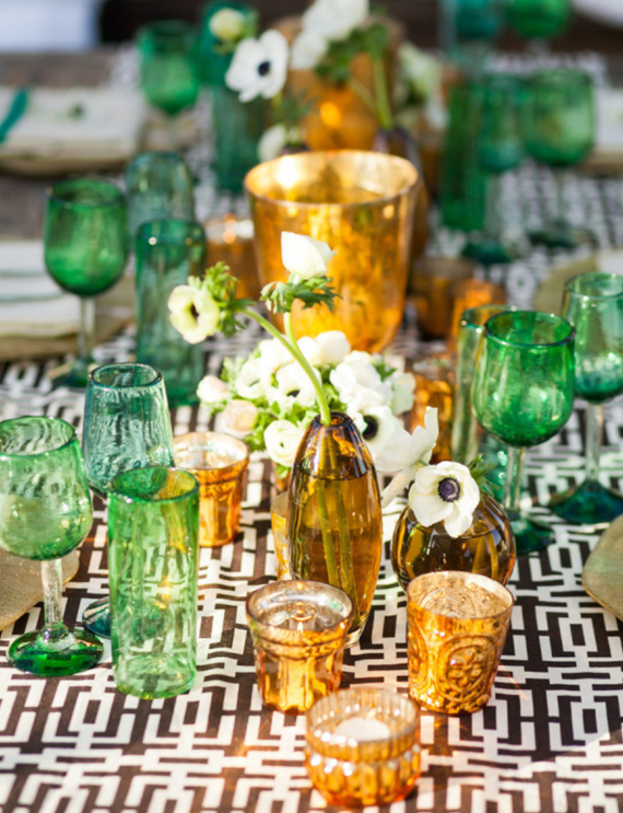 green glassware // table setting