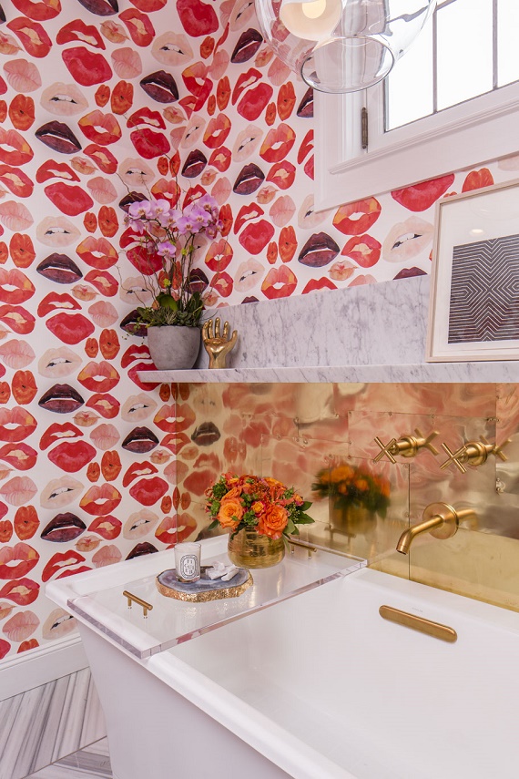 girl's bathroom // lipstick wallpaper // SF Decorator Showcase // Nest Design Co