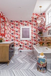 girl's bathroom // lipstick wallpaper // SF Decorator Showcase // Nest Design Co