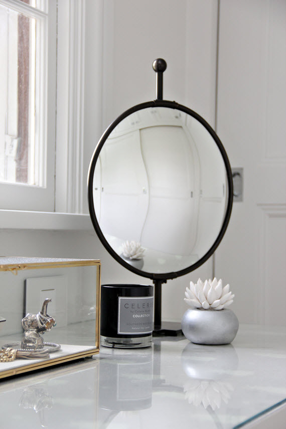 bathroom vanity // round table mirror // @simplifiedbee #oneroomchallenge