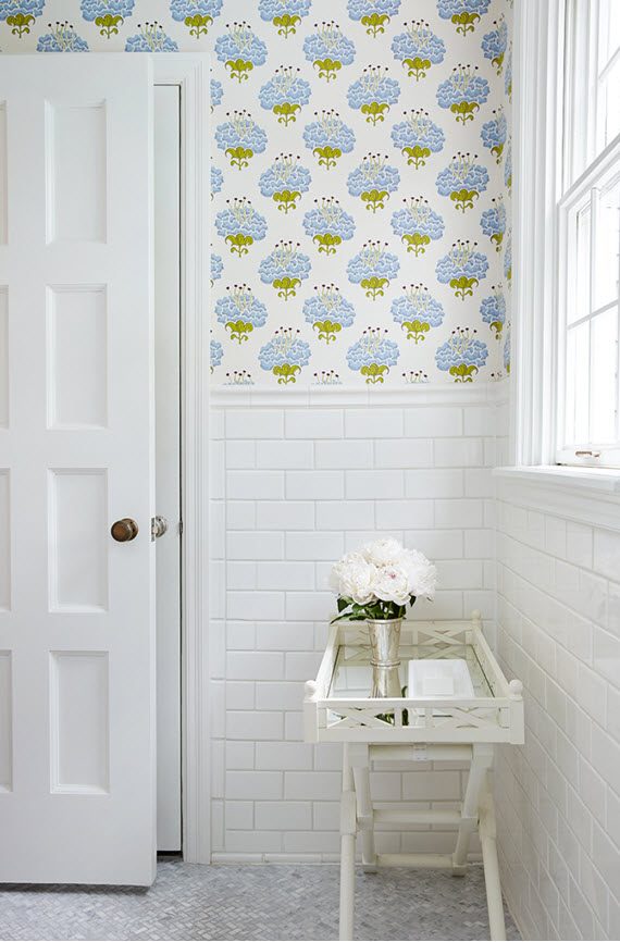 traditional girls bathroom with wallpaper